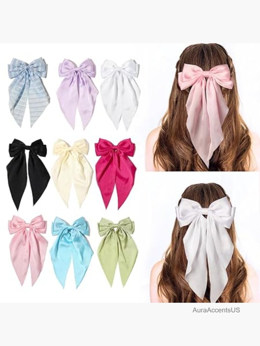Large Satin Hair Bows with Alligator Clips Pack of 9